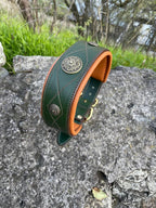 Green Leather Dog Collar for Large Dogs, Wide Padded Collar, Luxury Collar with Conchos, Big Dog Collars, Doberman, Cane Corso, Shepherd