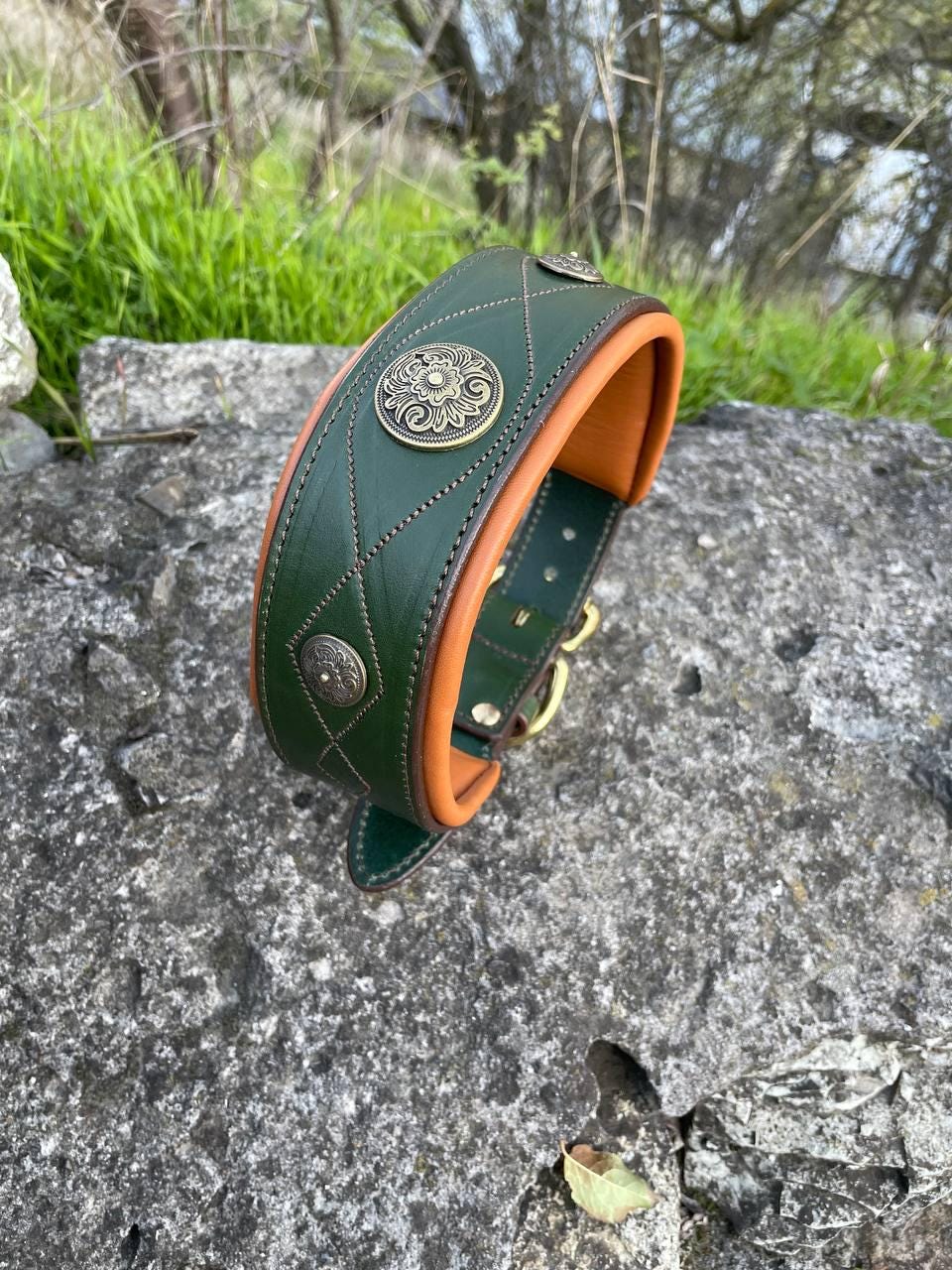 Green Leather Dog Collar for Large Dogs, Wide Padded Collar, Luxury Collar with Conchos, Big Dog Collars, Doberman, Cane Corso, Shepherd