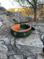 Green Leather Dog Collar for Large Dogs, Wide Padded Collar, Luxury Collar with Conchos, Big Dog Collars, Doberman, Cane Corso, Shepherd