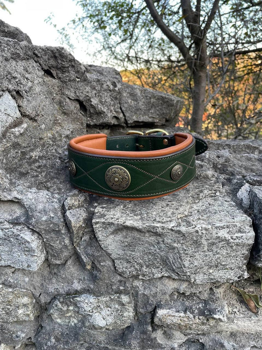 Green Leather Dog Collar for Large Dogs, Wide Padded Collar, Luxury Collar with Conchos, Big Dog Collars, Doberman, Cane Corso, Shepherd