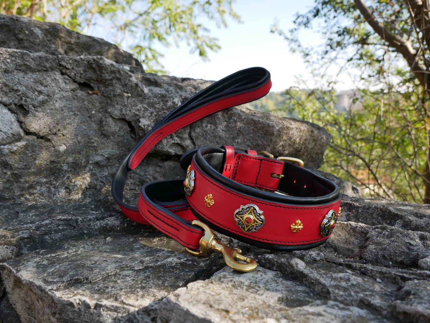 Luxury Red Leather Dog Collar and Leash Set for Large Dog, Designer Dog Collar Wide Padded Handle Leash Solid Brass Buckle