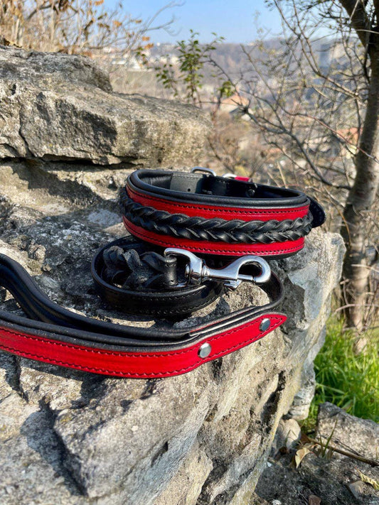 Designer Red Leather Dog Collar and Leash Set for Large Dog, Handmade Leather Braided Dog Collar and Leash, Big Dogs