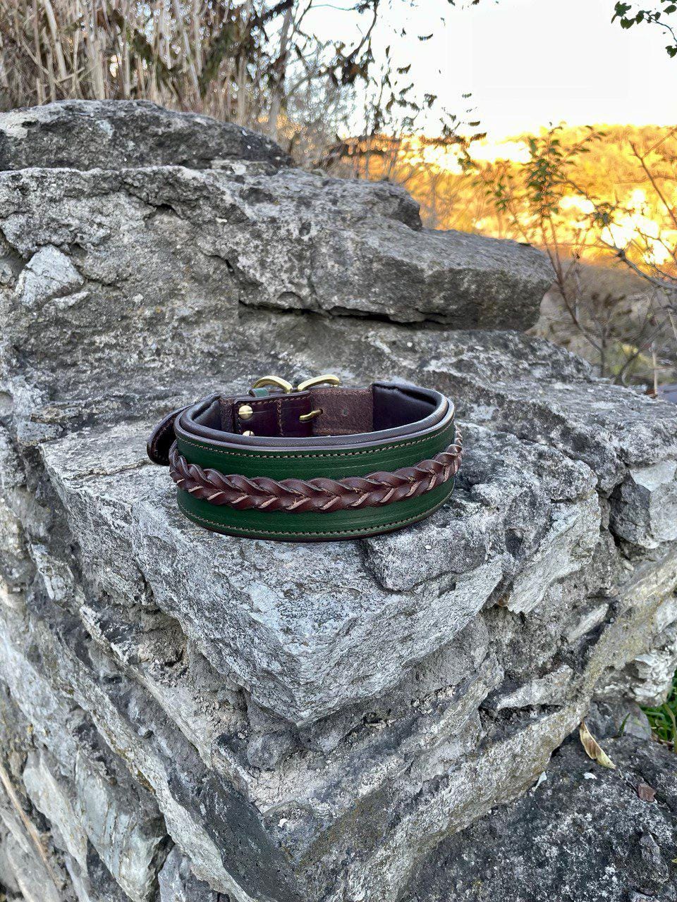 Unique Green Leather Dog Collar and Leash Set, Braided Dog Collar, Handmade Collar for Large Breeds, Doberman, Cane Corso, Bulldog