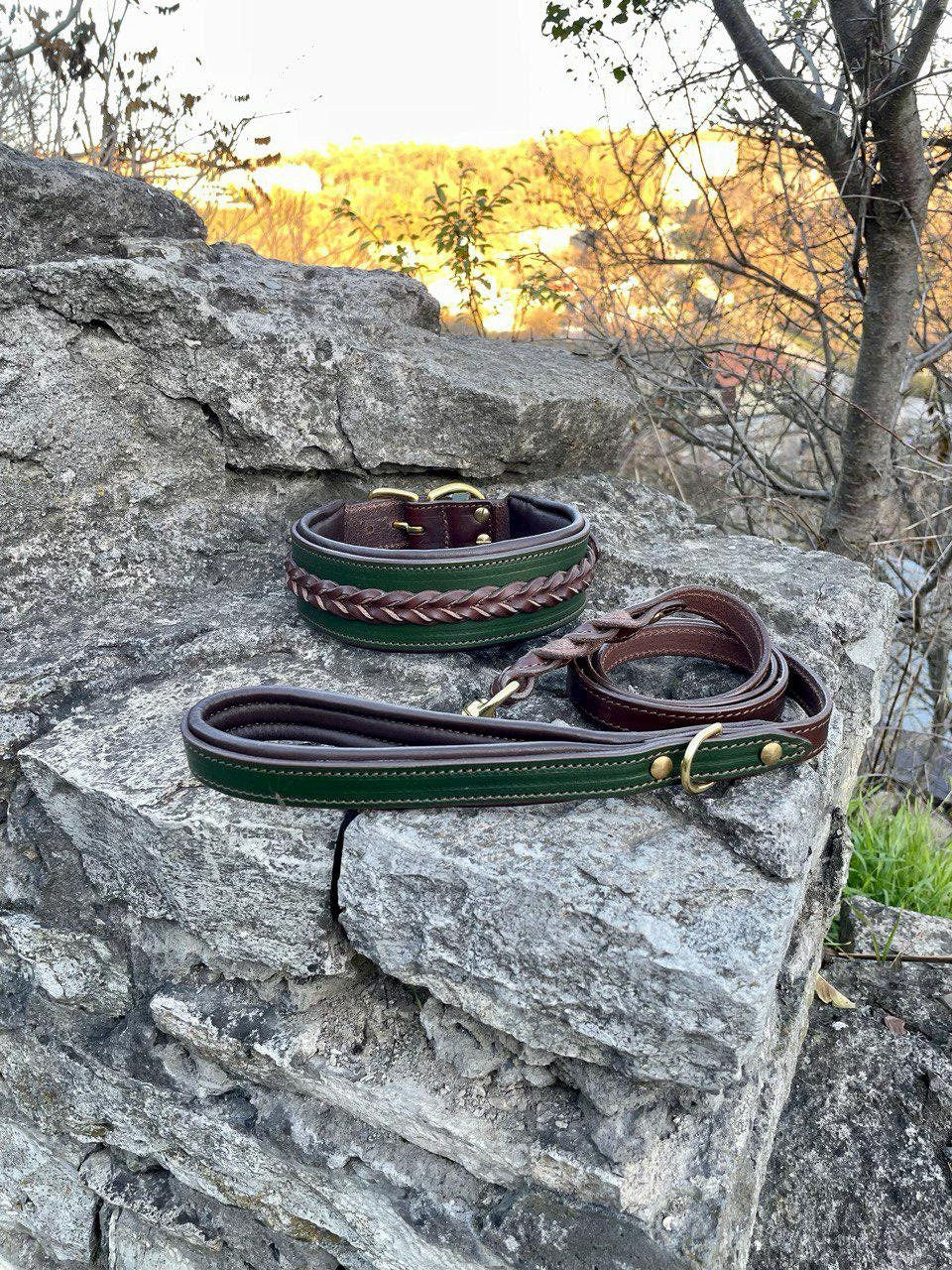 Unique Green Leather Dog Collar and Leash Set, Braided Dog Collar, Handmade Collar for Large Breeds, Doberman, Cane Corso, Bulldog