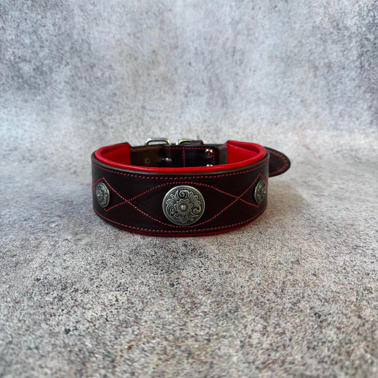 Purple Brown Leather Dog Collar with Concos, Large Padded Collar and Leash Set for Big Breed like Doberman, German Shepherd, Cane Corso