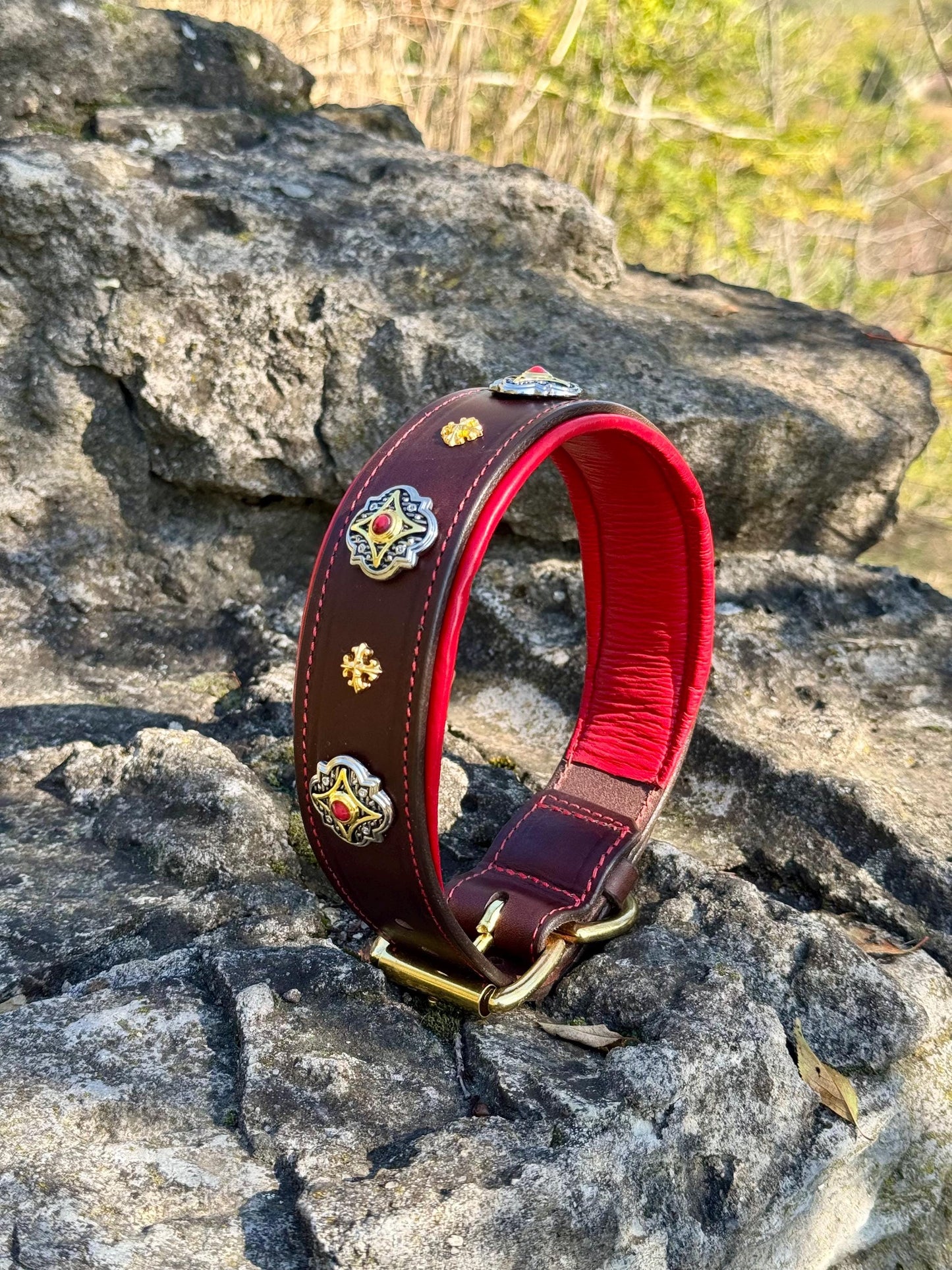 Brown Leather Dog Collar with Red Soft Padding, Heavy Duty, Custom Size, Wide