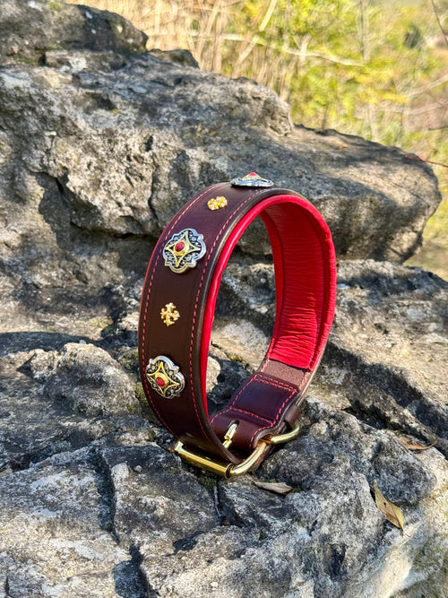 Brown Leather Dog Collar with Red Soft Padding, Heavy Duty, Custom Size, Wide