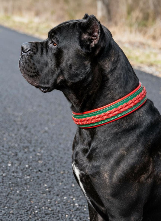 Christmas green red leather dog collar for large dog braided Xmas collar wide padded unique gift for dog owner, Cane corso Doberman new year
