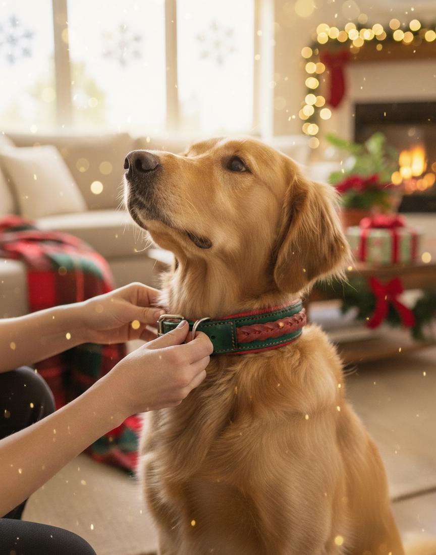 Xmas dog collar leather fancy braided christmas collars gifts