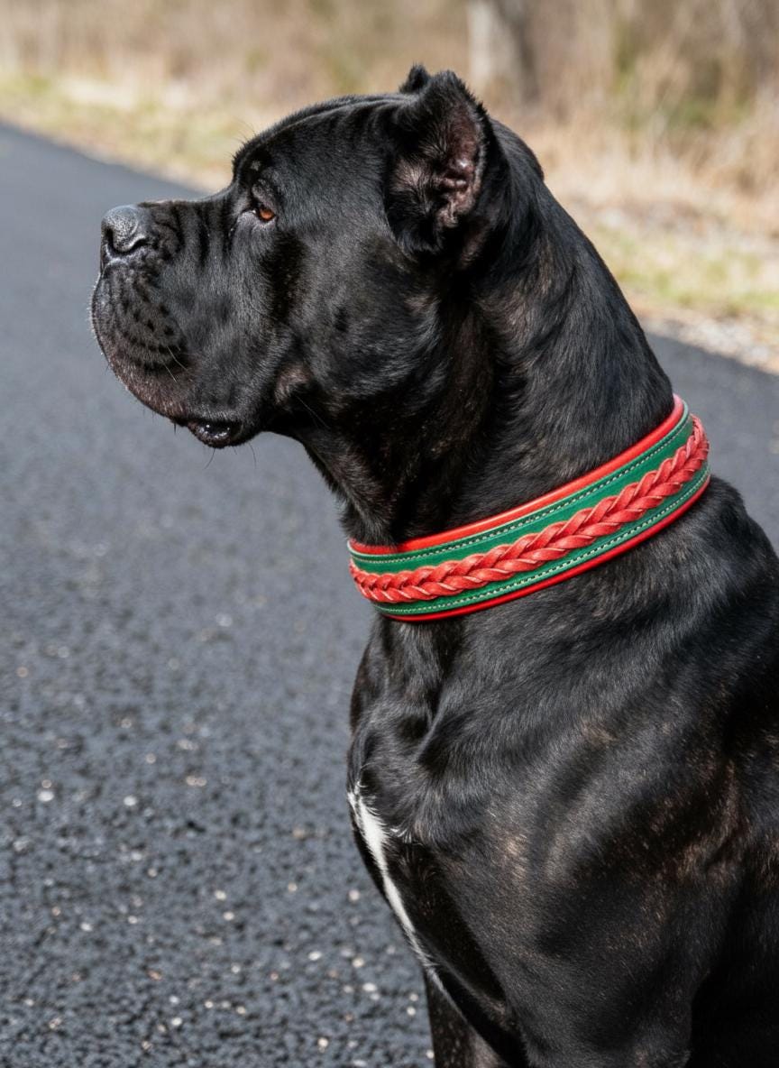 Unique Green Leather Dog Collar and Leash Set, Braided Dog Collar, Handmade Collar for Large Breeds, Doberman, Cane Corso, Bulldog