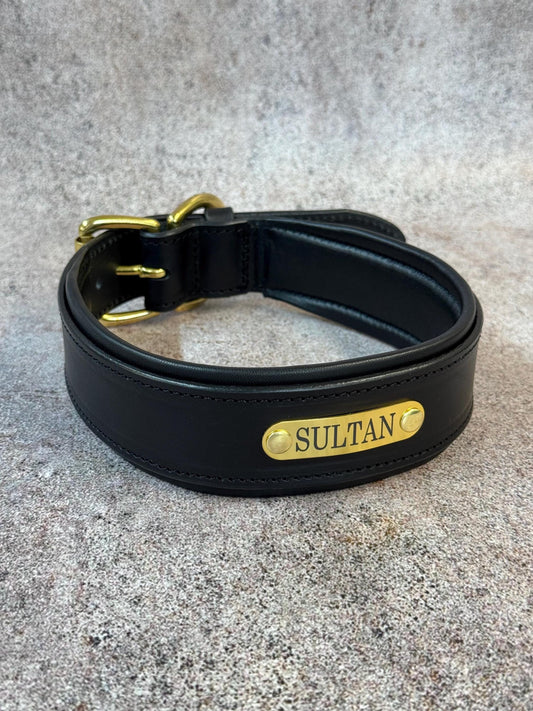 Personalized Black Leather Dog Collar with Brass Nameplate
