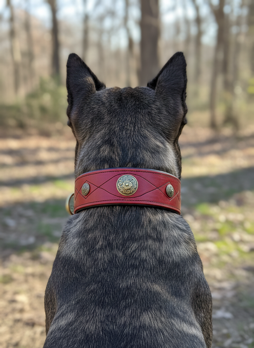 Red Wide Leather Dog Collar with Brass Medallions