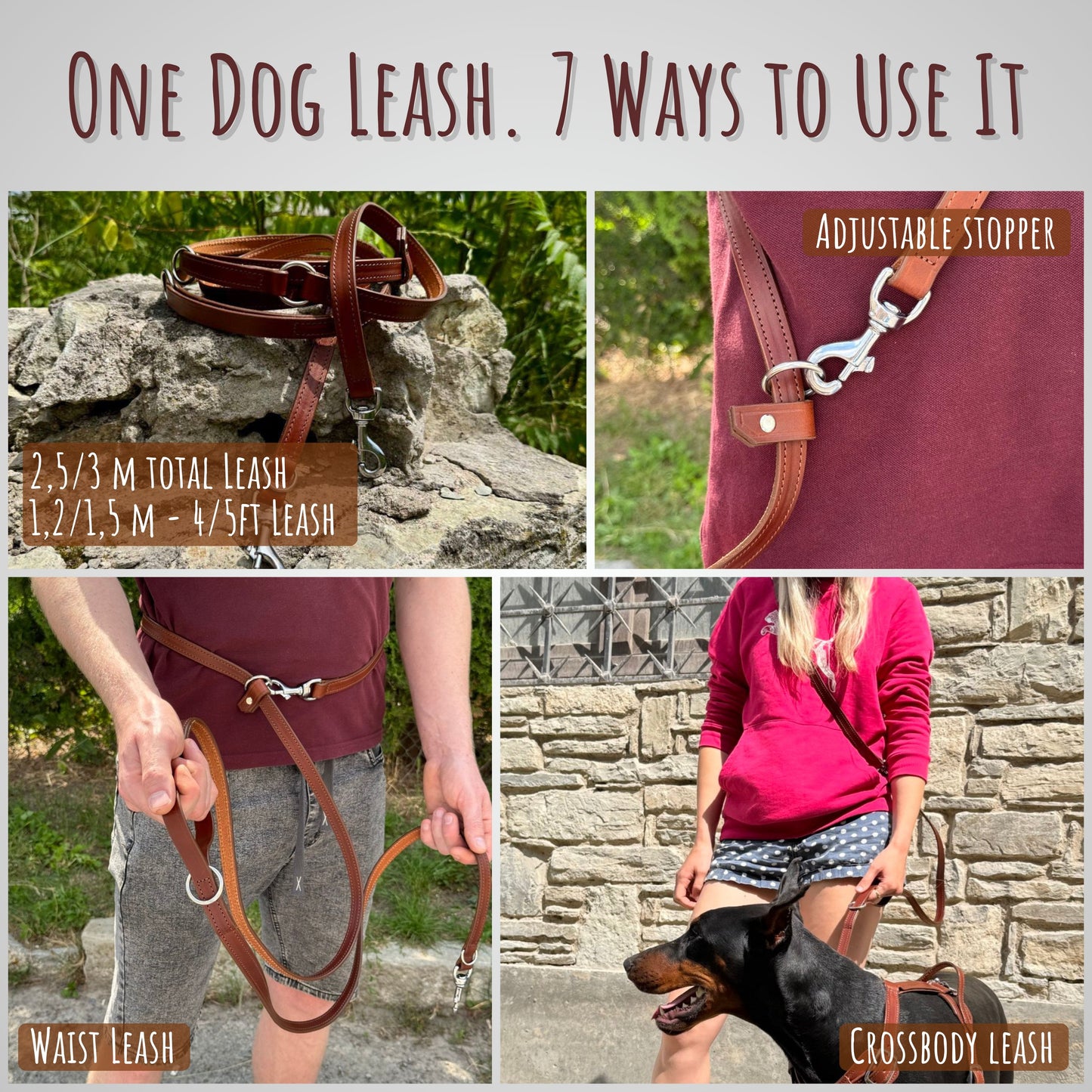Full grain leather multifunctional 6 way dog leash