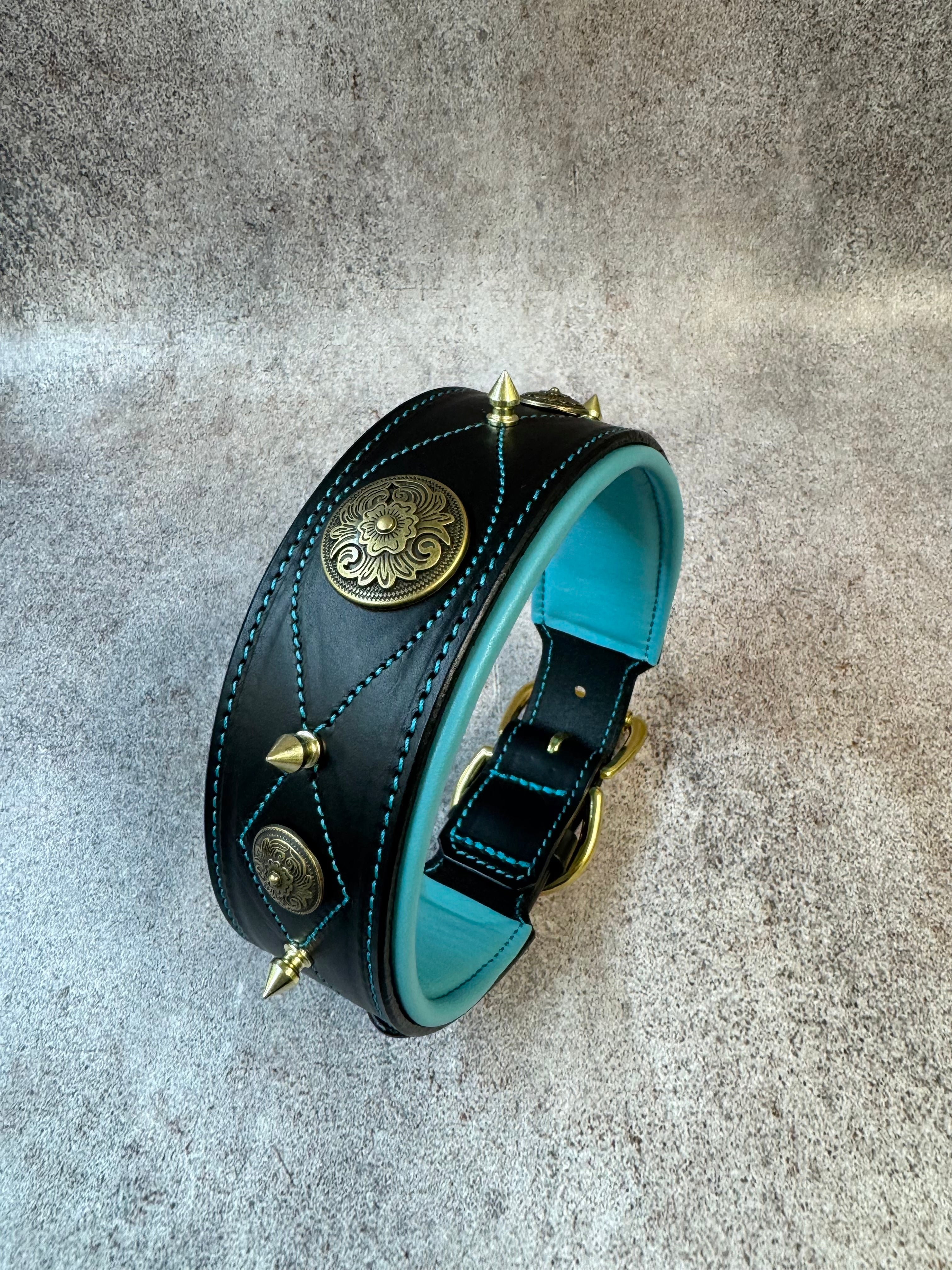 Green Leather Dog Collar Large, Padded Leather Collar with Ornaments, Designer Dog Collar, Spiked Dog Collar, Solid Brass Buckle, Conchos