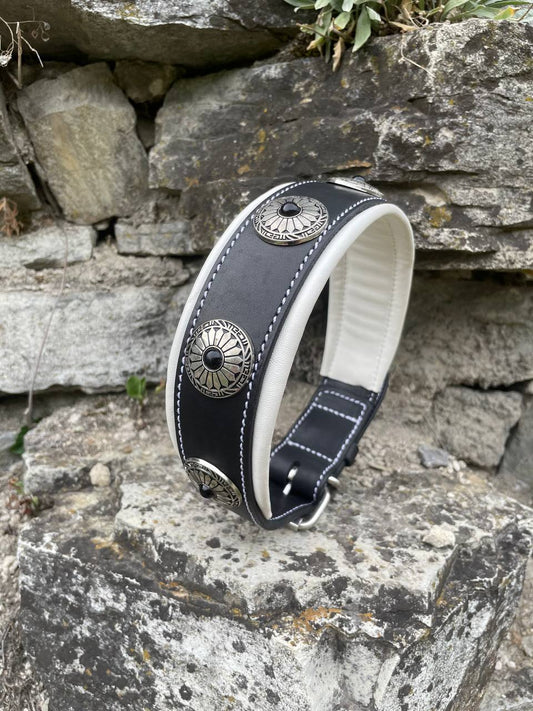 Black and White Leather Dog Collar with Conchos