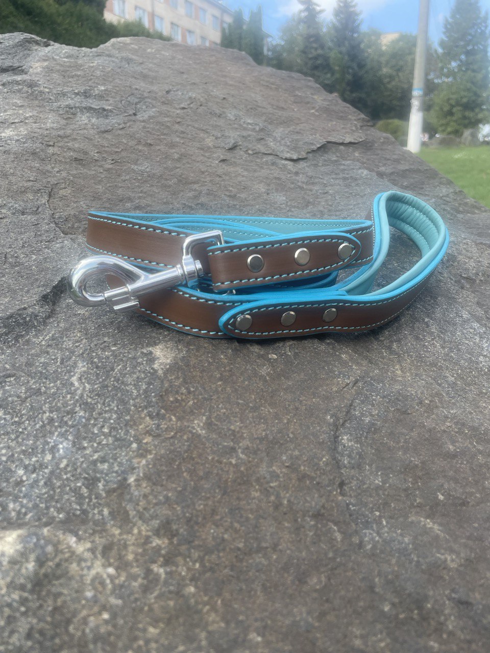 Brown and Turquoise Leather Dog Collar and Leash Set