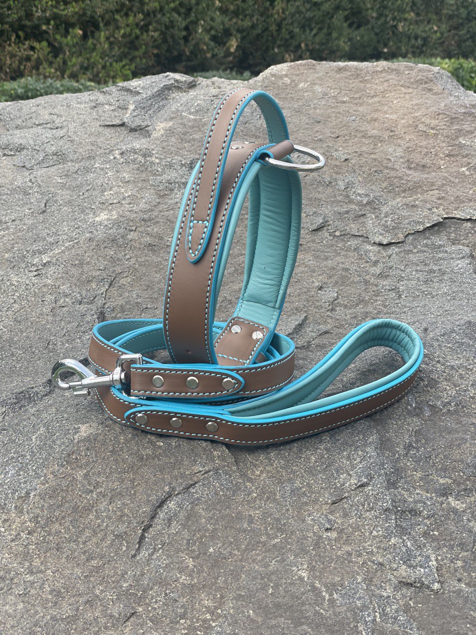 Brown and Turquoise Leather Dog Collar and Leash Set