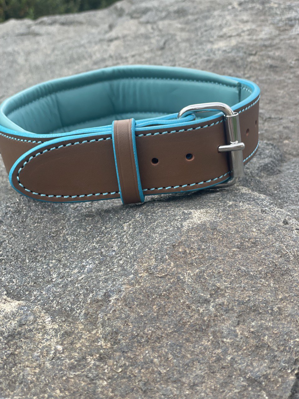 Brown and Turquoise Leather Dog Collar and Leash Set