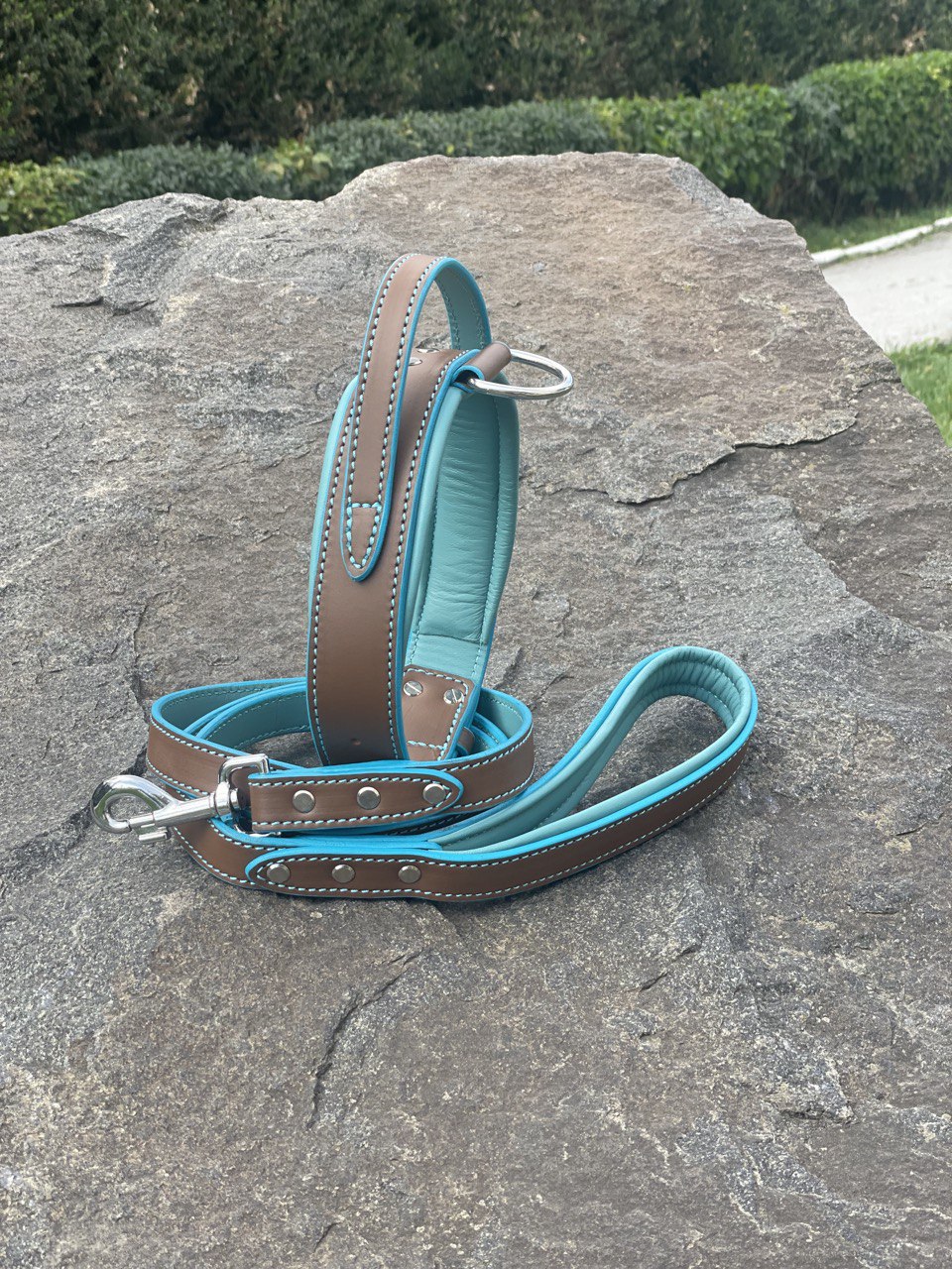 Brown and Turquoise Leather Dog Collar and Leash Set