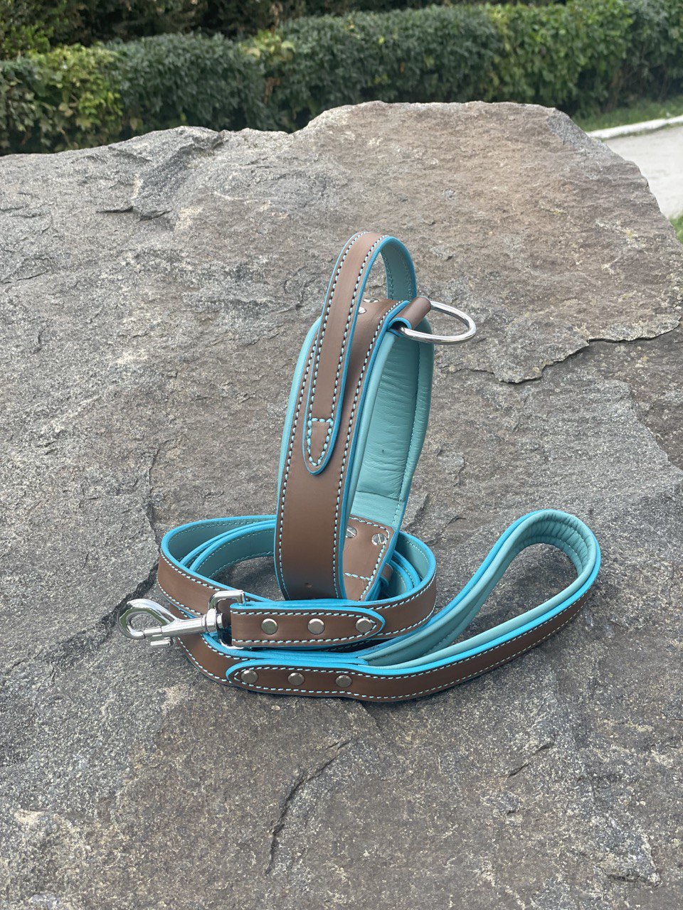 Brown and Turquoise Leather Dog Collar and Leash Set