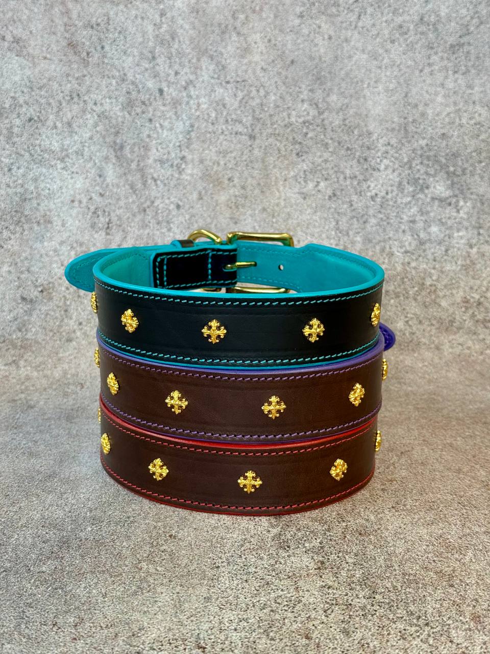 Royal Leather Dog Collar with Golden Plated Conchos 1.6 in Wide