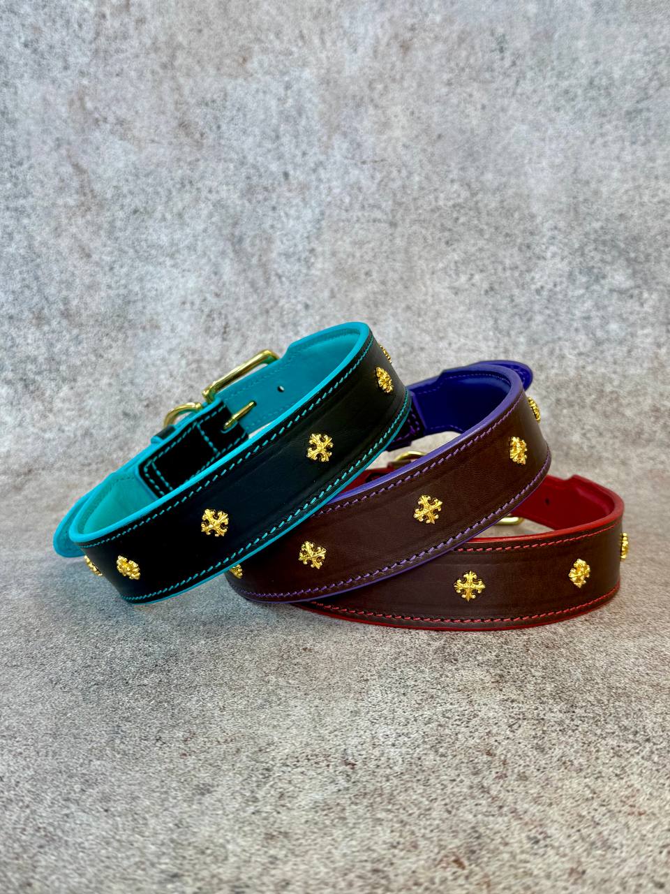 Royal Leather Dog Collar with Golden Plated Conchos 1.6 in Wide