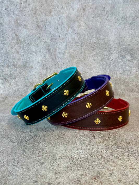 Royal Leather Dog Collar with Golden Plated Conchos 1.6 in Wide