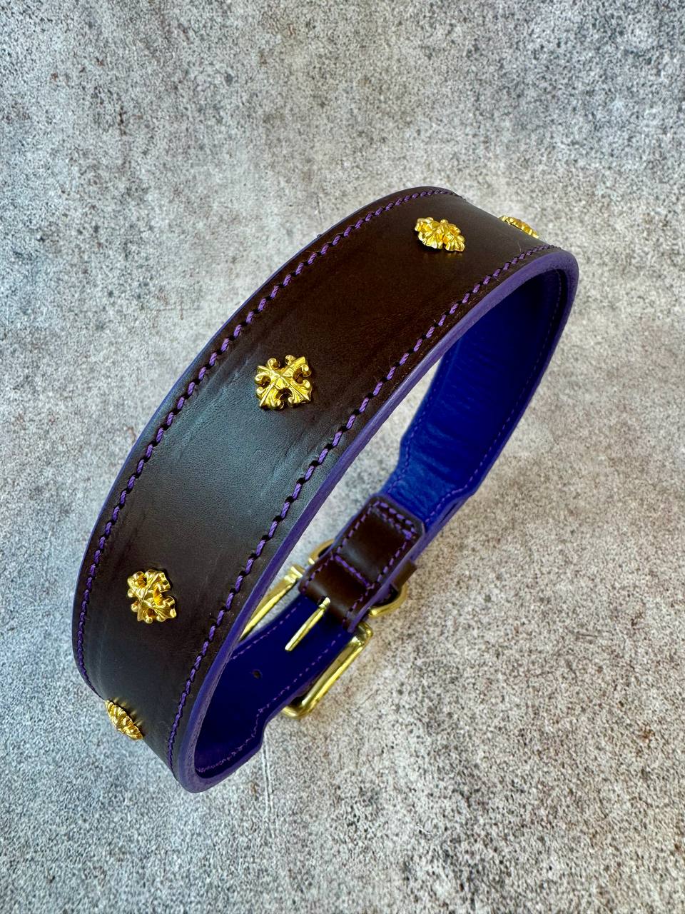 Royal Leather Dog Collar with Golden Plated Conchos 1.6 in Wide