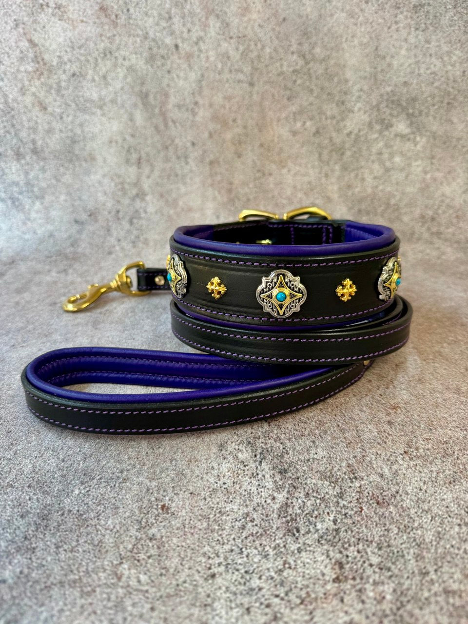 Luxury Black Leather Dog Collar with Purple Padding & Matching Leash