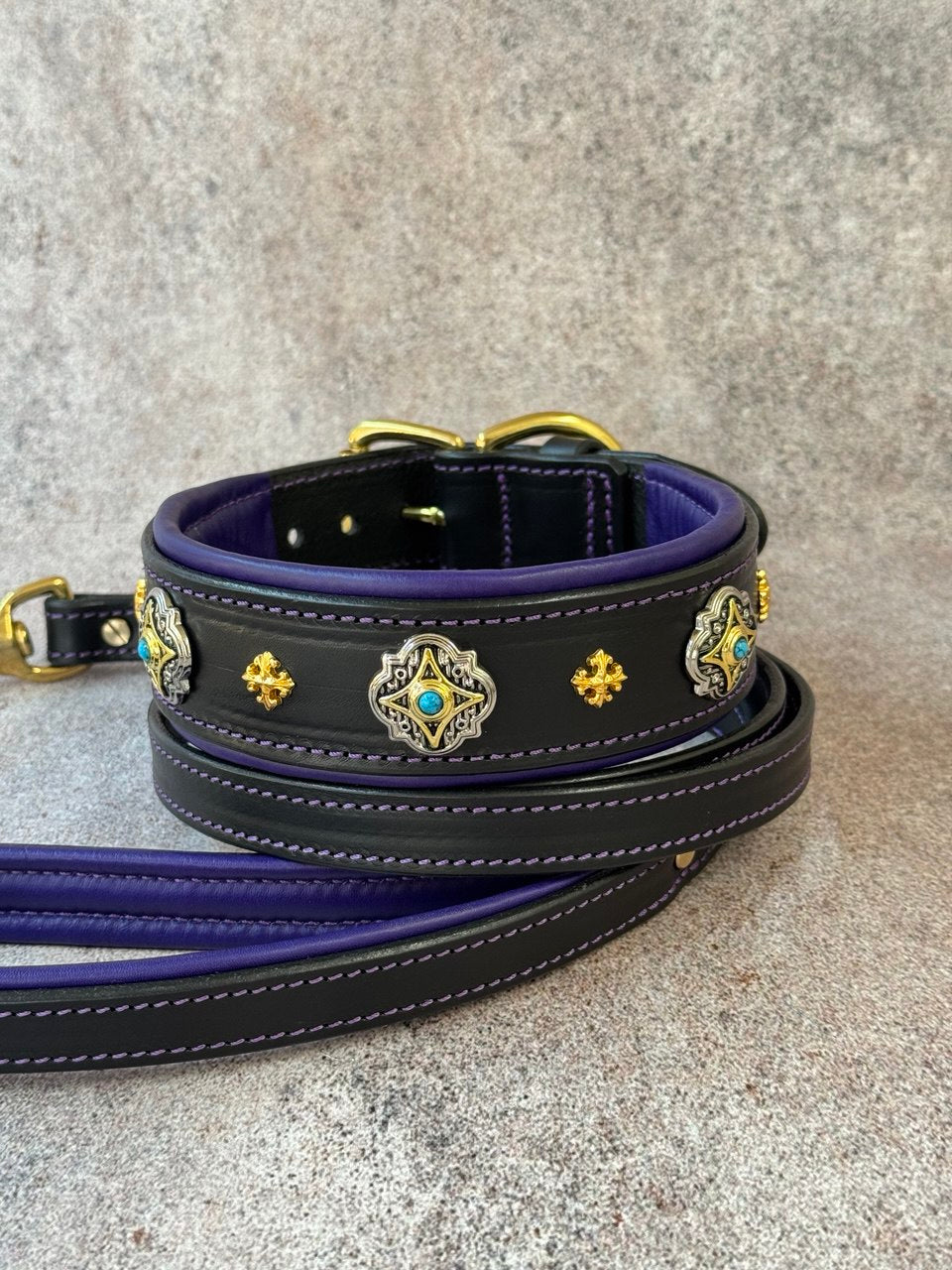 Luxury Black Leather Dog Collar with Purple Padding & Matching Leash