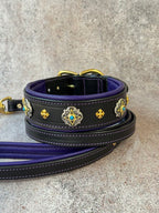 Luxury Black Leather Dog Collar with Purple Padding & Matching Leash