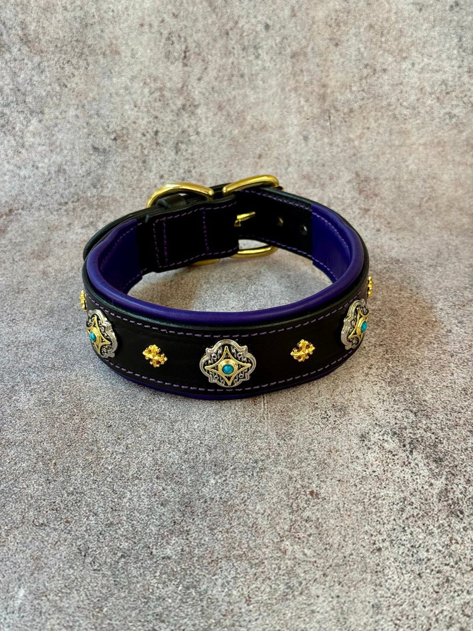 Luxury Black Leather Dog Collar with Purple Padding & Matching Leash