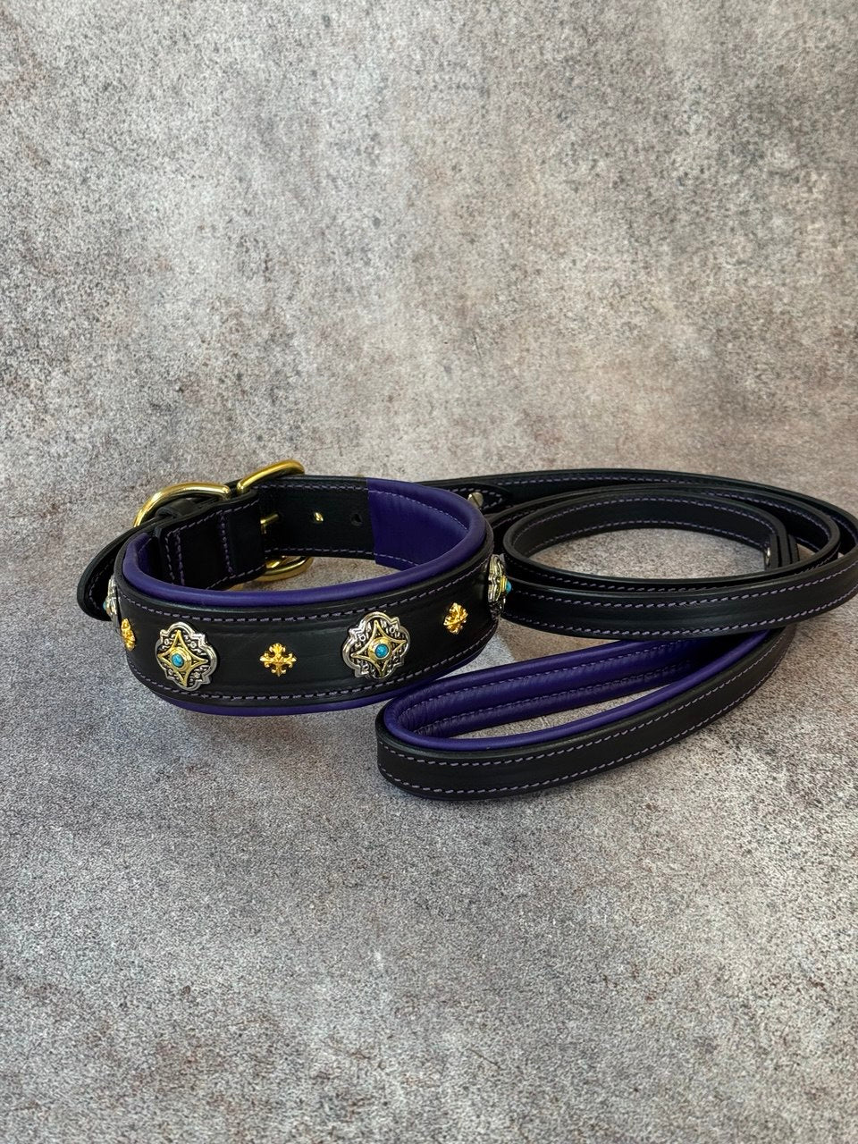 Luxury Black Leather Dog Collar with Purple Padding & Matching Leash