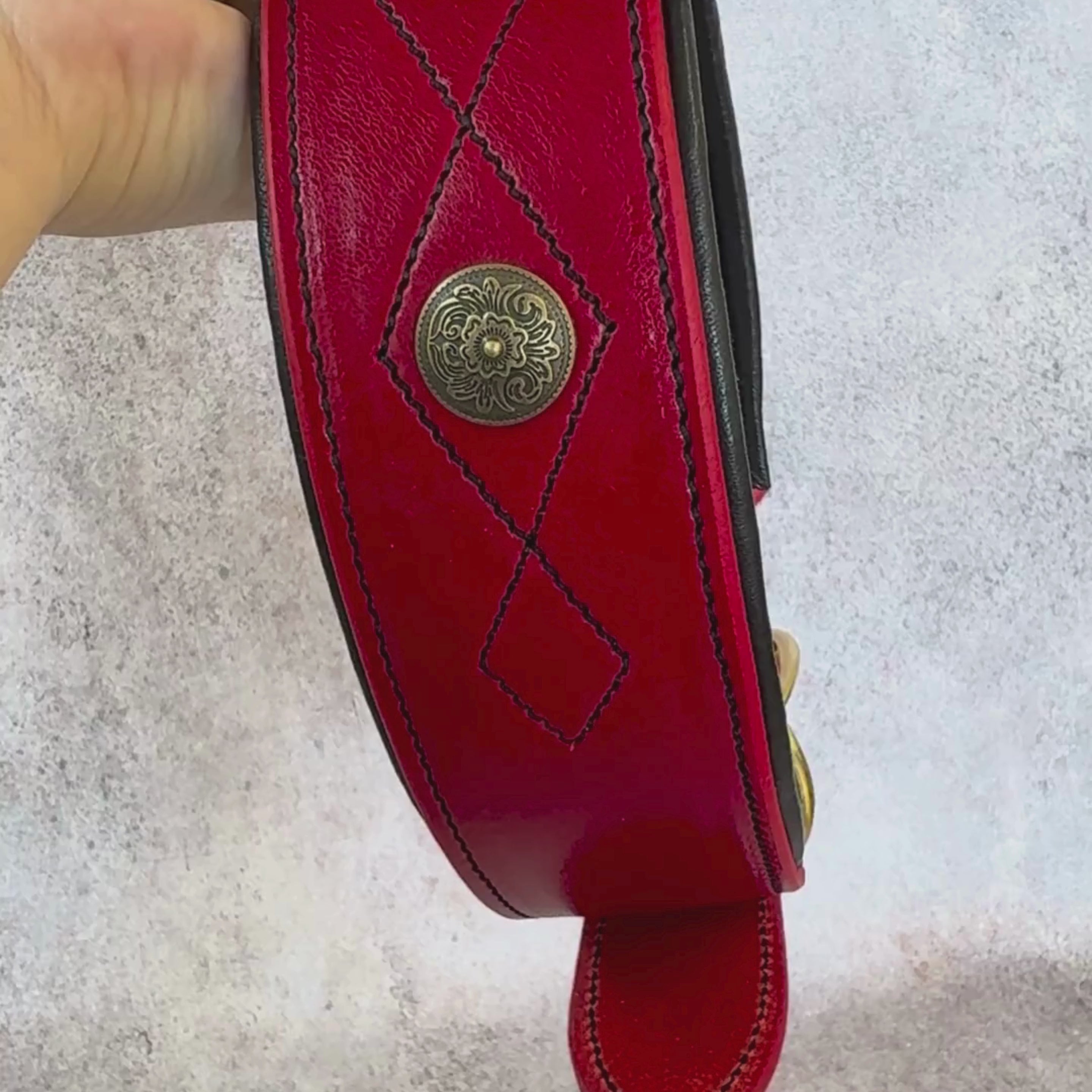 Red Wide Leather Dog Collar with Brass Medallions