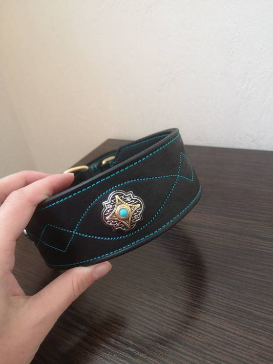 Leather Dog Collar, Dog Collar, Turquoise Dog Collar, Stylish/Unique Dog Collar, Wide Leather Dog Collar, Decorated Dog Collar, Handmade