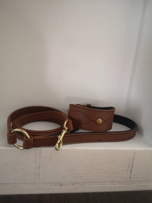 Chocolate brown leather dog collar and leash set decorated with solid brass fittings, greyhound, badger dog collar, leather leash
