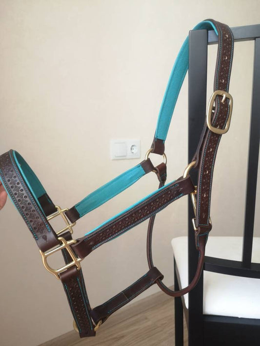 Leather brown and turquoise soft-padded tooled  horse  halter, Leather Halter, Horse halter, real leather halter with Solid Brass Hardware