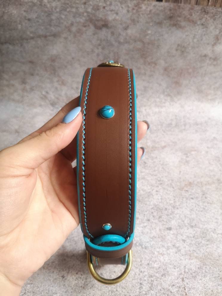 Turquoise Leather Dog Collar, Soft-padded Leather Dog Collar, Decorated Leather Dog Collar, Stylish Dog Collar with fittings