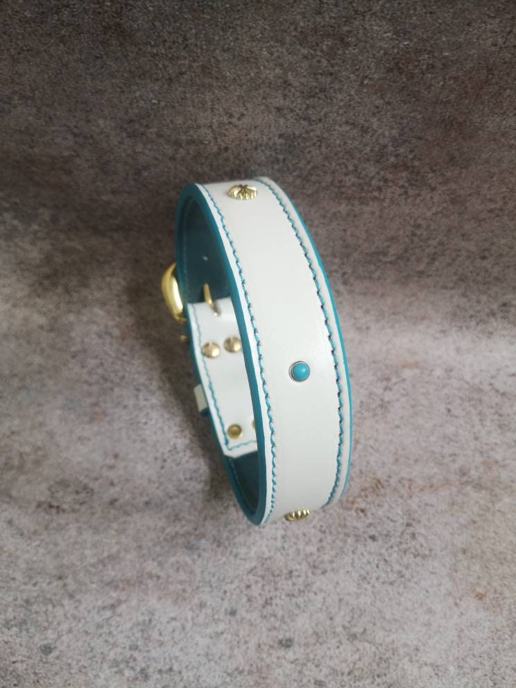 White Leather Dog Collar with turquoise fittings, only M size