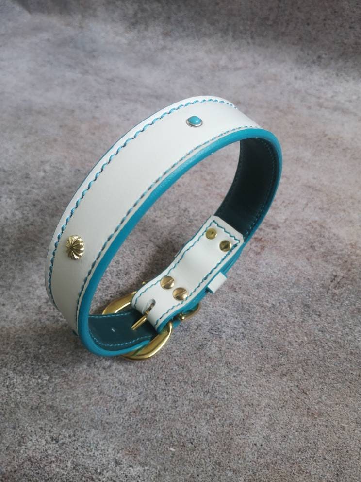 White Leather Dog Collar with turquoise fittings, only M size