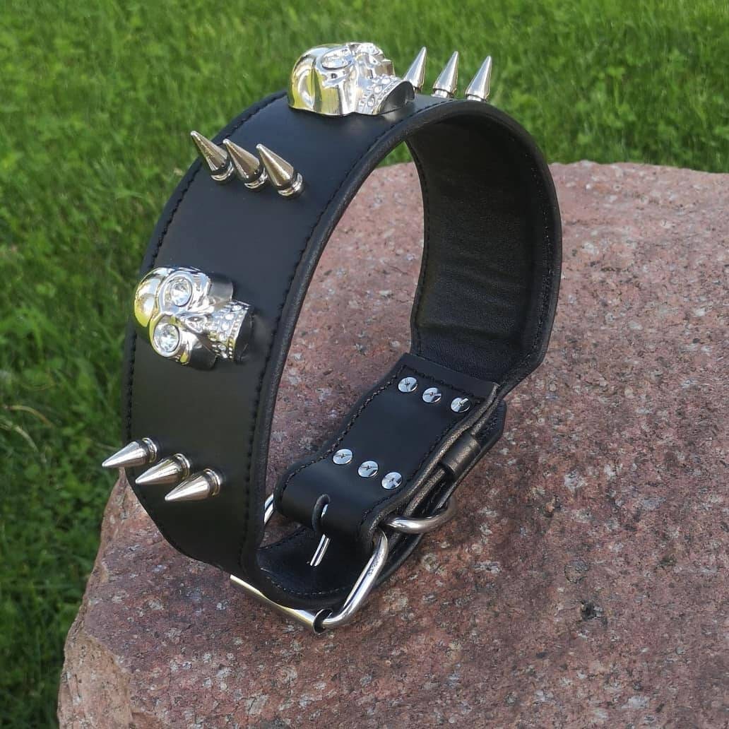 Leather Wide  Dog Collar Decorated with Skulls and Spikes, Spiked Dog Collar for Big and Strong Dog, Dog Collar with Stainless Steel Buckle