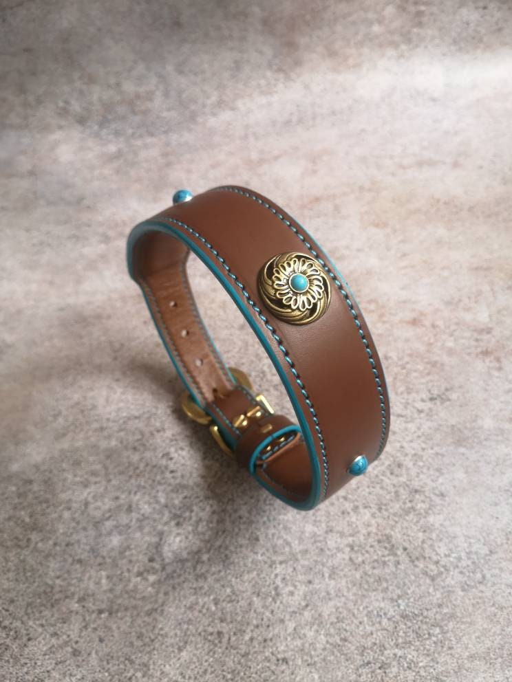 Turquoise Leather Dog Collar, Soft-padded Leather Dog Collar, Decorated Leather Dog Collar, Stylish Dog Collar with fittings