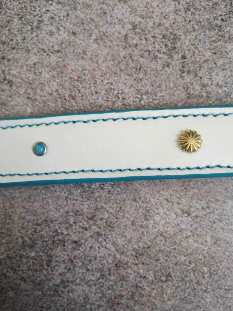 White Leather Dog Collar with turquoise fittings, only M size