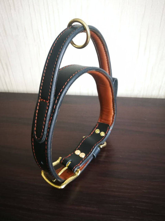Handstitched Leather Dog Collar with handle, Soft-padded Leather Dog Collar, Custom Leather Dog Collar with handle with ring of solid brass