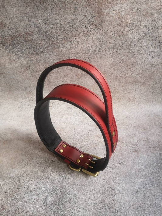Red Leather Dog Collar with Handle, Service Dog Collar, Soft-padded Collar for Big and Strong Dogs