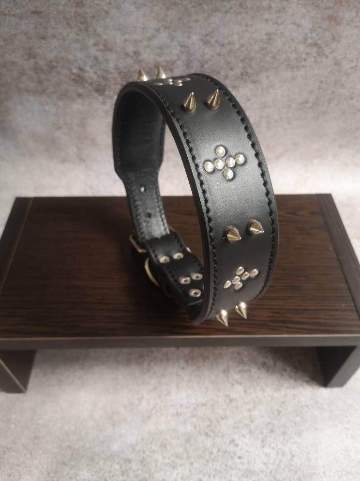 Studded Leather Dog Collar, Soft Padded Dog Collar, Black Leather Dog Collar, Spiked Dog Collar