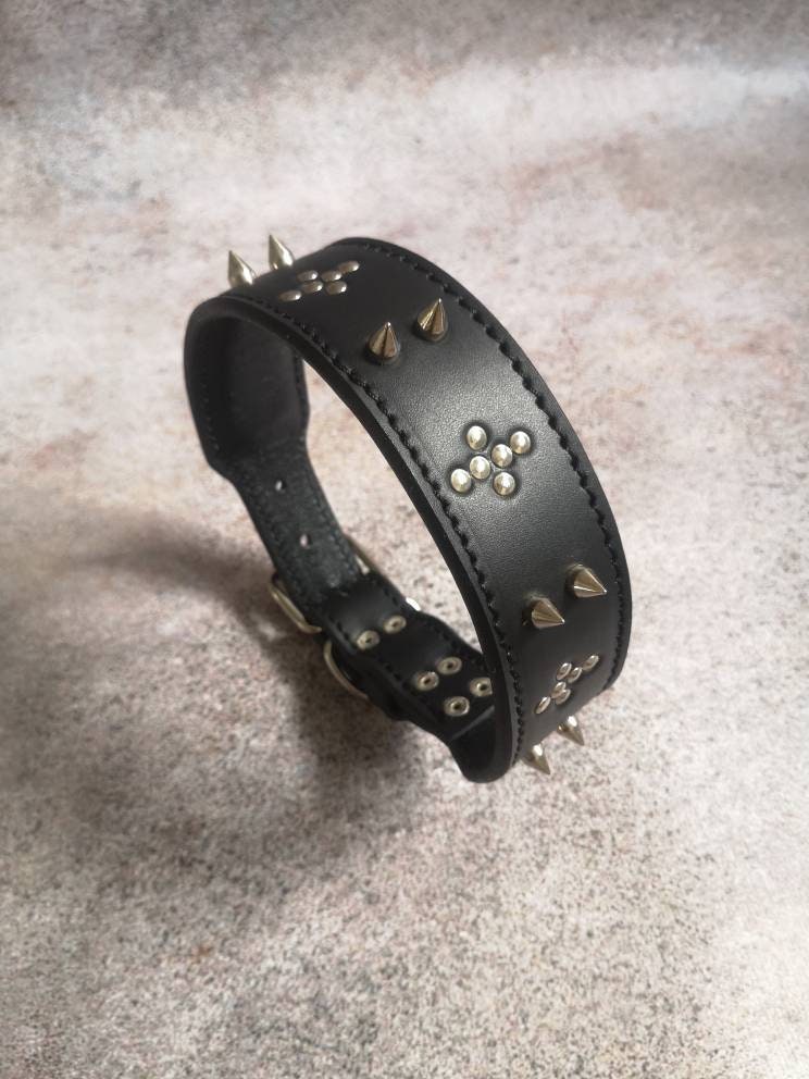 Studded Leather Dog Collar, Soft Padded Dog Collar, Black Leather Dog Collar, Spiked Dog Collar