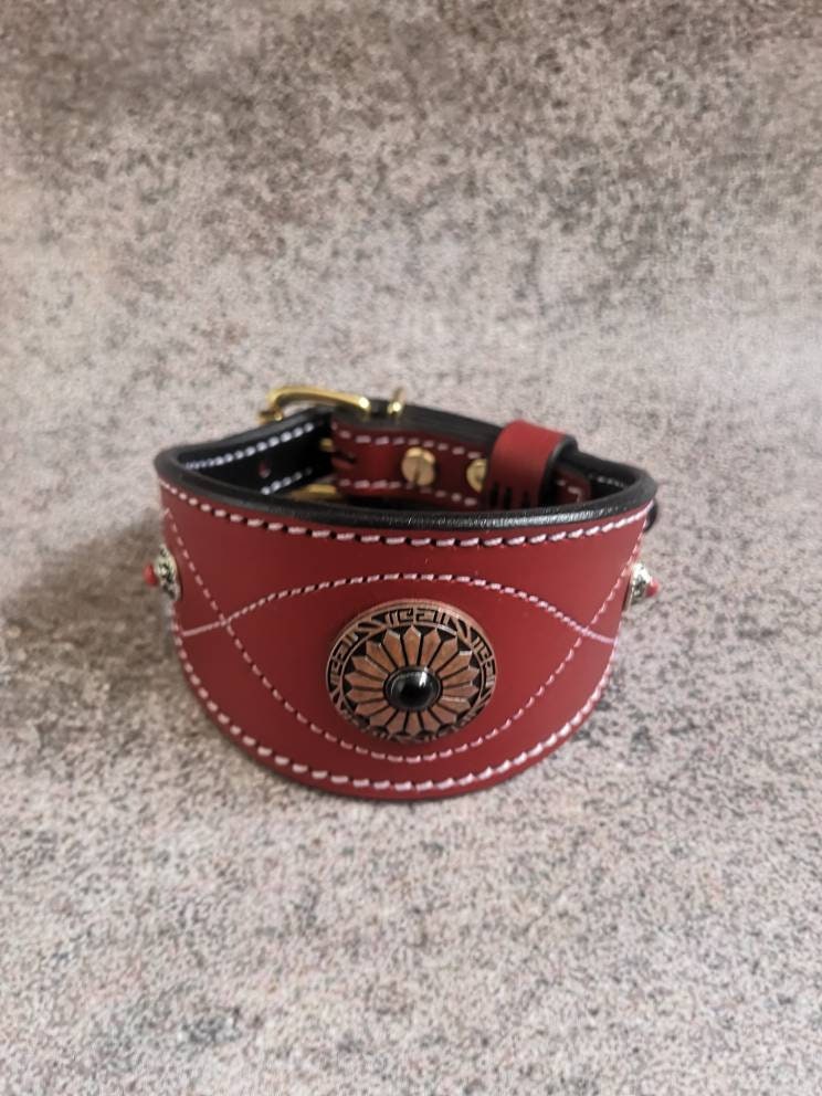 Red Leather Greyhound Collar Decorated