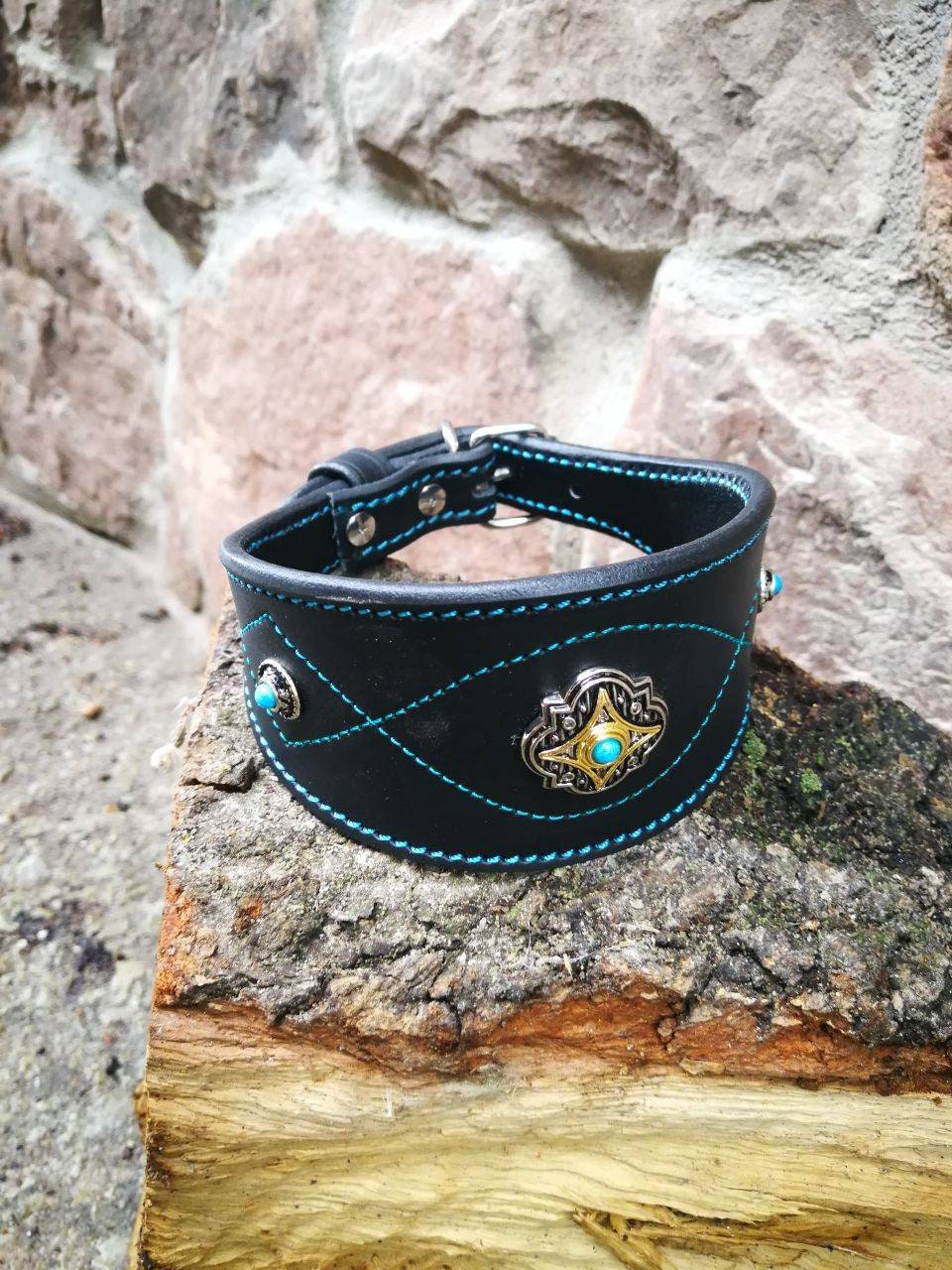 Grey Hound Collar Decorated Faux Turquoise Stones