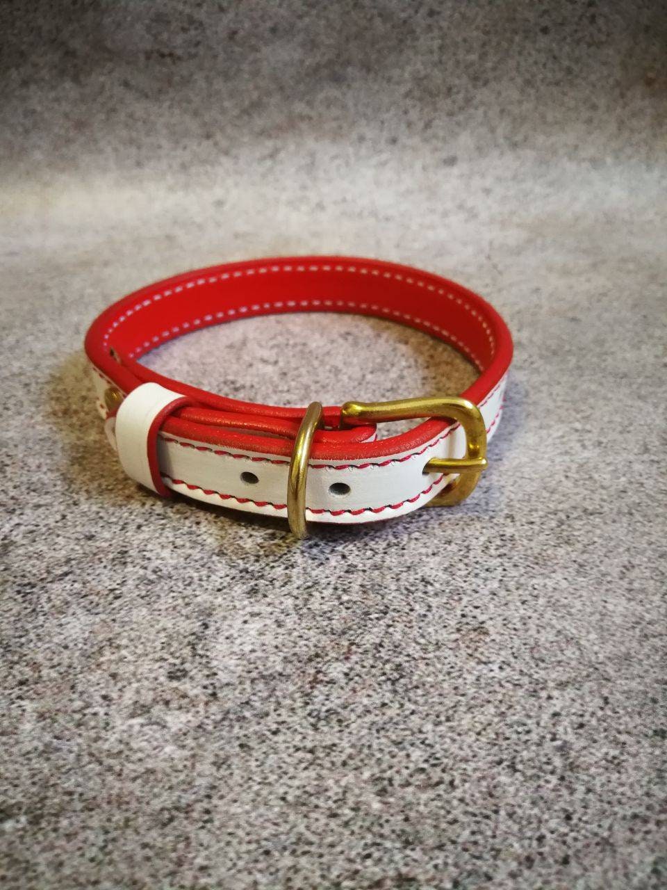 White Red Leather Small Dog Collar, Thin Dog Collar in White Leather, Solid Brass Fitting Leather Dog Collar, Small Breed Leather Collar